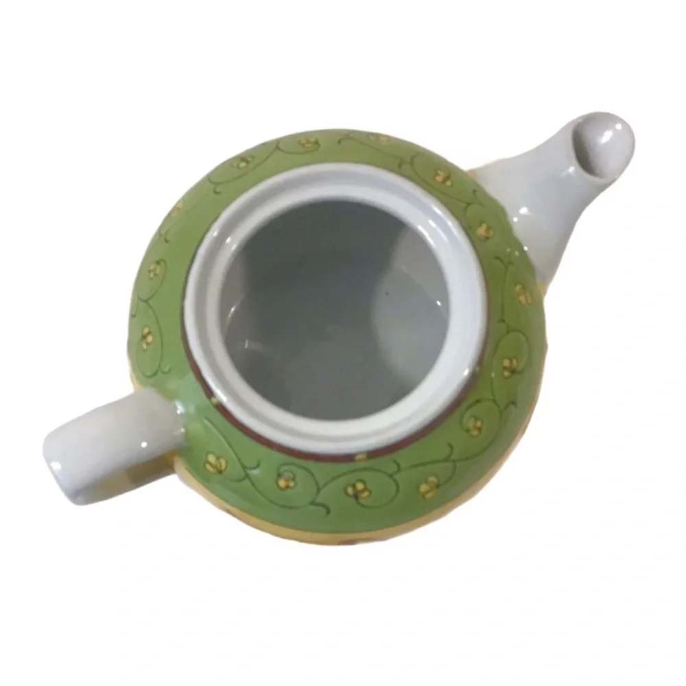 Vintage Pier 1 Porcelain Teapot Hand-Painted Floral Vine Design Green Yellow Red